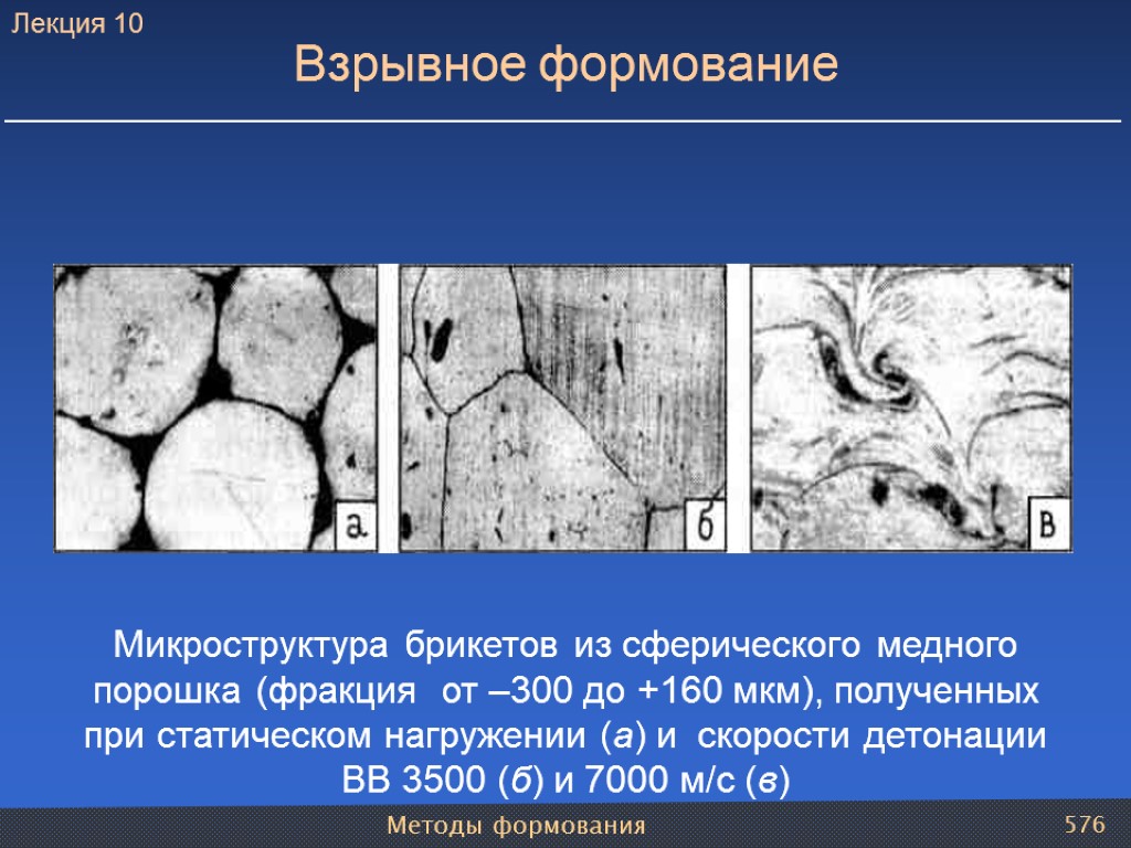 Методы формования 576 Взрывное формование Микроструктура брикетов из сферического медного порошка (фракция от –300